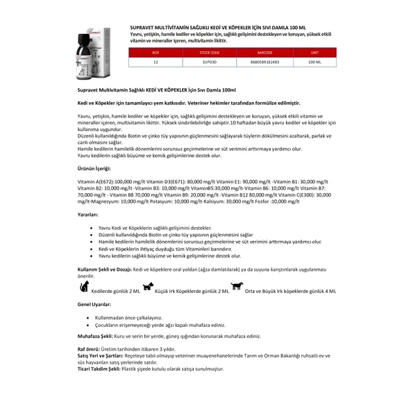 Supravet Multivitamin Sağlıklı Kedi ve Köpekler İçin Sıvı Damla 100 ml - Resim 2