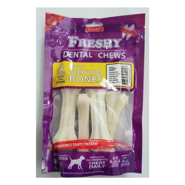 Freshy Beyaz Press Deri Köpek Çiğneme Kemiği Medium Bones 145 GrX 4 Adet ürün görseli 1
