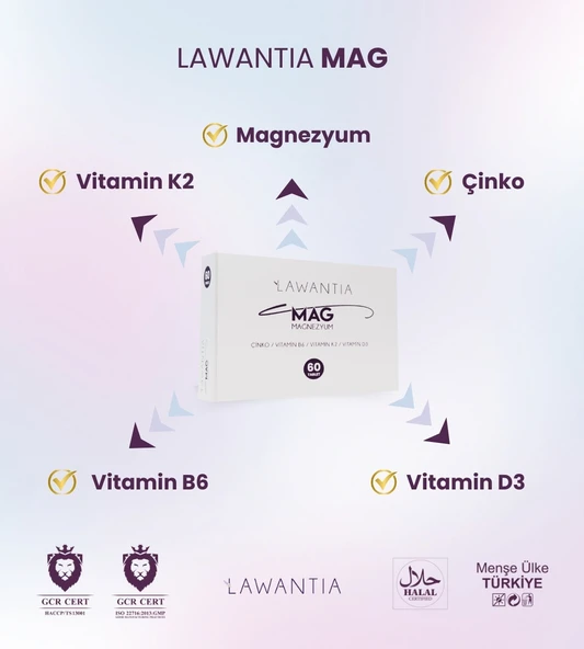 LAWANTIA Mag Magnezyum Çinko+Vitamin B6+K2+D3 60 Tablet - Resim 2