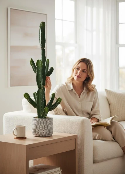 Yapay Kaktüs Euphorbia İngens Şamdan Ağacı Beton Saksıda Yapay Bitki 70cm - Resim 2