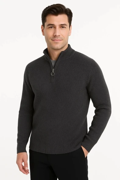 MDB Erkek Yarım Fermuarlı Triko Kazak – elanik Örgü, Dik Yaka, Pamuklu Dokuma, Regular Fit Uzun Kollu Kışlık odel  Füme - Resim 3