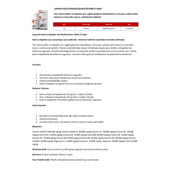 Supravet Kedi ve Köpekler için Multivitamin Tablet 75 Adet - Resim 2