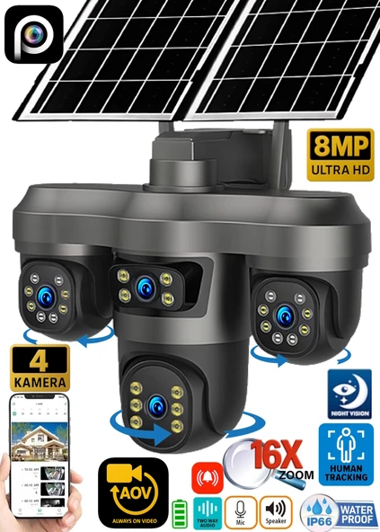 EsVision 5604 8MP 4 Kameralı 4G Çift Solar Panel 16X Zoom Dual Batarya HiEasy AOV (Sürekli Kayıt) Gece Görüş Çift Yönlü Ses ürün görseli 1
