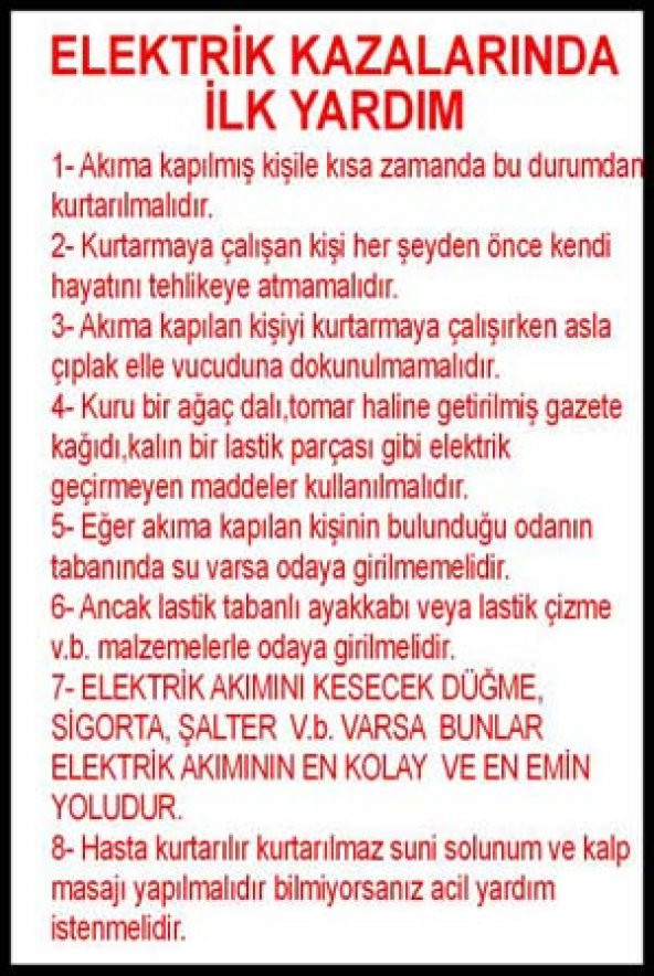 Elektrik Kazalarında İlk Yardım Levhası