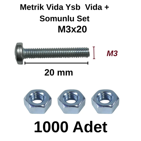 TUĞRA HIRDAVAT M3x20mm Metrik Vida Ysb - Somunlu 1000'li Takım - Resim 3