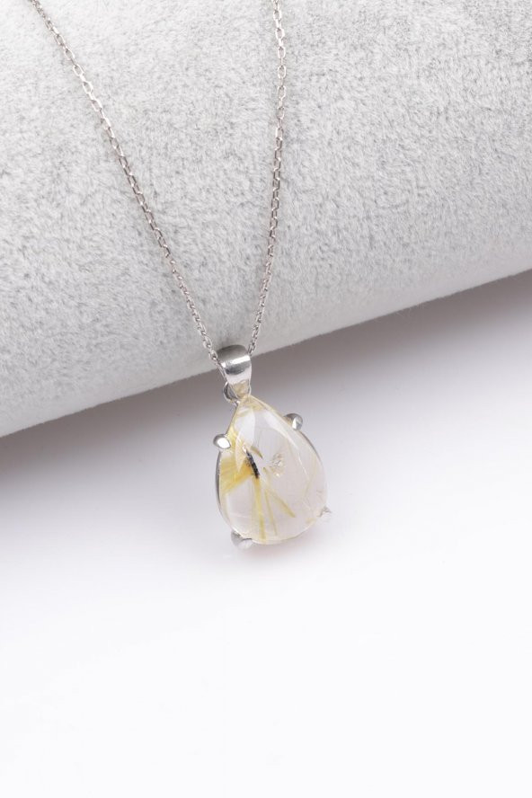 Golden Rutilli Kuvars Doğal Taş 925 Ayar Gümüş Kolye