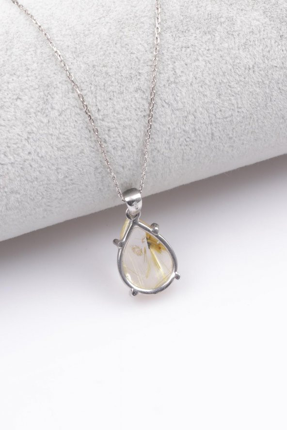 Golden Rutilli Kuvars Doğal Taş 925 Ayar Gümüş Kolye - 2