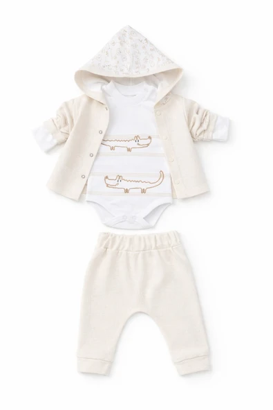 Önü Çıtçıtlı Hırkalı Erkek Bebek Takım 3lü Set - Resim 4