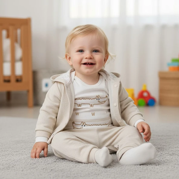 Önü Çıtçıtlı Hırkalı Erkek Bebek Takım 3lü Set - Resim 2