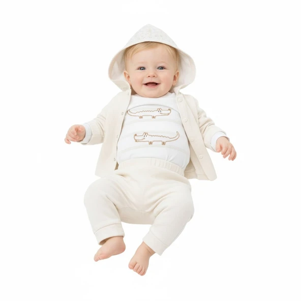 Önü Çıtçıtlı Hırkalı Erkek Bebek Takım 3lü Set - Resim 5