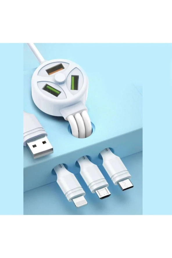 FİLONLİNE ŞARJ KABLOSU EXTENDED DATA CABLE 3 PLUG & 3 USB PORT 3.1A MICRO, IPHONE, TYPE-C DATA KABLO - Resim 2