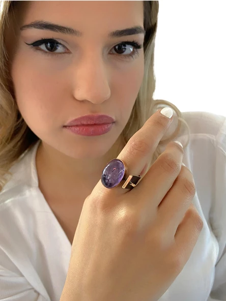 Doğal Ametist Taş Özel Tasarım Otantik 925 Gümüş Yüzük - 2