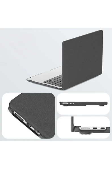 HarmonyAura Macbook Air 15 2024 Macbook Deri Kapak - Siyah - Resim 3