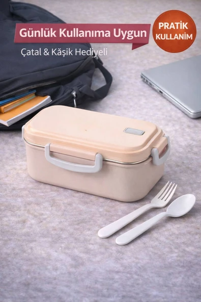 Bej Benmarili Paslanmaz Çelik Yemek Kabı 2 Bölmeli Beslenme Kabı Saklama Kabı Lunch Box - Resim 5