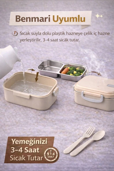 Bej Benmarili Paslanmaz Çelik Yemek Kabı 2 Bölmeli Beslenme Kabı Saklama Kabı Lunch Box - Resim 2
