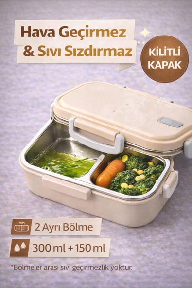Bej Benmarili Paslanmaz Çelik Yemek Kabı 2 Bölmeli Beslenme Kabı Saklama Kabı Lunch Box - Resim 4