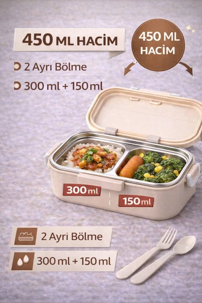 Bej Benmarili Paslanmaz Çelik Yemek Kabı 2 Bölmeli Beslenme Kabı Saklama Kabı Lunch Box - Resim 3