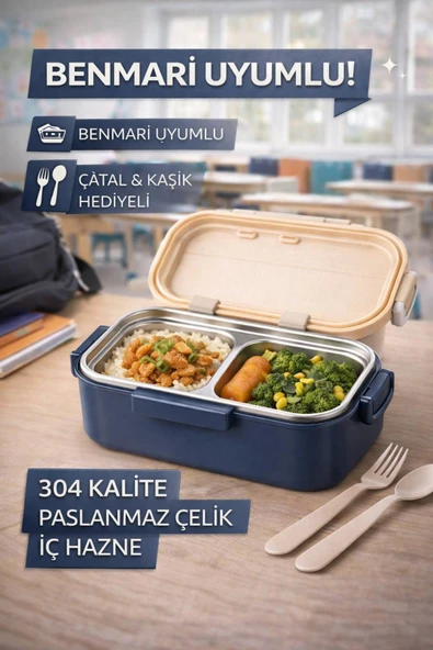 Lacivert Benmarili Paslanmaz Çelik Yemek Kabı 2 Bölmeli Beslenme Kabı Saklama Kabı Lunch Box ürün görseli 1