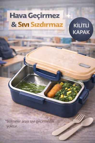 Lacivert Benmarili Paslanmaz Çelik Yemek Kabı 2 Bölmeli Beslenme Kabı Saklama Kabı Lunch Box - Resim 3