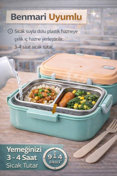 Turkuaz Benmarili Paslanmaz Çelik Yemek Kabı 2 Bölmeli Beslenme Kabı Saklama Kabı Lunch Box - Resim 2
