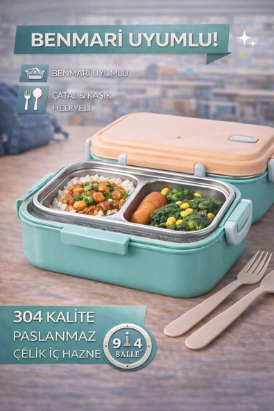 Turkuaz Benmarili Paslanmaz Çelik Yemek Kabı 2 Bölmeli Beslenme Kabı Saklama Kabı Lunch Box ürün görseli 1