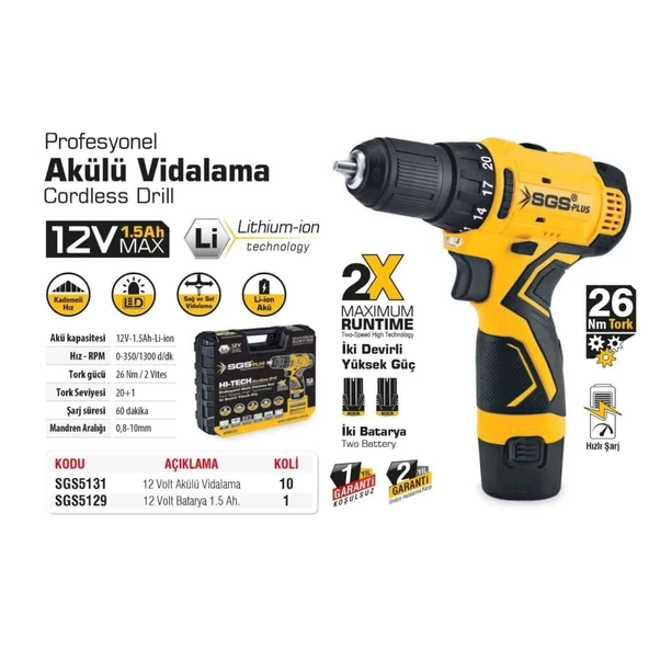 SGS 5131 Akülü Vidalama 12 Volt 1,5 Ah - Resim 9
