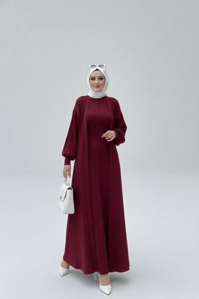 NEW Bordo Fitilli Triko İkili Takım | Balon Kollu Uzun Hırka ve Elbise Seti - Resim 2