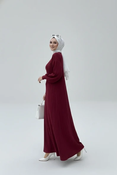 NEW Bordo Fitilli Triko İkili Takım | Balon Kollu Uzun Hırka ve Elbise Seti - Resim 3