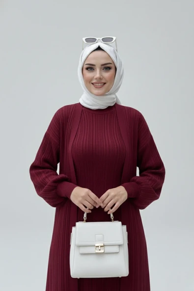 NEW Bordo Fitilli Triko İkili Takım | Balon Kollu Uzun Hırka ve Elbise Seti ürün görseli 1