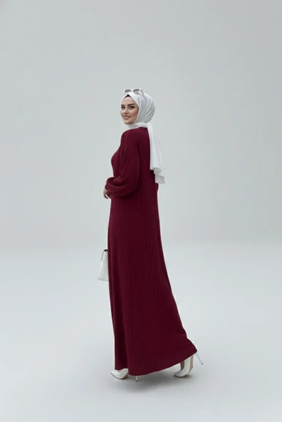 NEW Bordo Fitilli Triko İkili Takım | Balon Kollu Uzun Hırka ve Elbise Seti - Resim 4