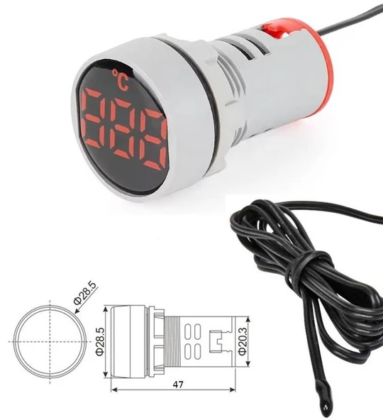 Dijital Termometre Yuvarlak Kırmızı 22mm 220v AD101-22TM 1m Kablolu -20° +199° ürün görseli 1