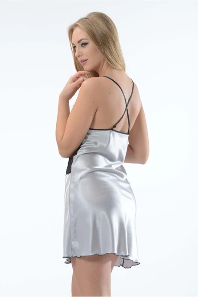 Gri Dantelli Saten Gecelik - Resim 4