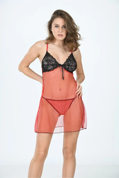 Kırmızı Tül Gecelik - Resim 4