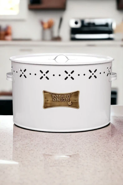 LUCKYHOMES Lüks Paslanmaz Galvaniz Patates ve Soğanlık 2 Bölmeli Metal Patates Soğan Kovası Beyaz 18 Lt - Resim 3