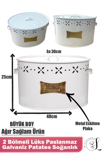 LUCKYHOMES Lüks Paslanmaz Galvaniz Patates ve Soğanlık 2 Bölmeli Metal Patates Soğan Kovası Beyaz 18 Lt ürün görseli 1