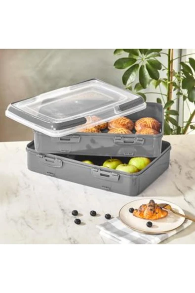 QLUX IDEAS L718 2 Katlı Pasta Taşıma Kabı - Antrasit / Şeffaf ürün görseli 1