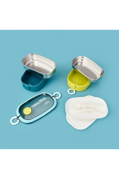 MATMEL Healty İki Katlı Çelik Yemek Kabı - Sarı / Mavi - 1,3 lt - Resim 3