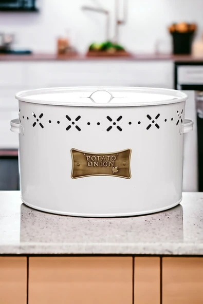 LUCKYHOMES Lüks Paslanmaz Galvaniz Patates ve Soğanlık 2 Bölmeli Metal Patates Soğan Kovası Beyaz 18 Lt - Resim 2