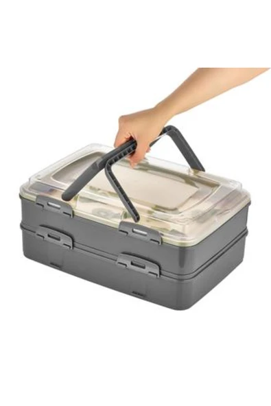 QLUX IDEAS L718 2 Katlı Pasta Taşıma Kabı - Antrasit / Şeffaf - Resim 2