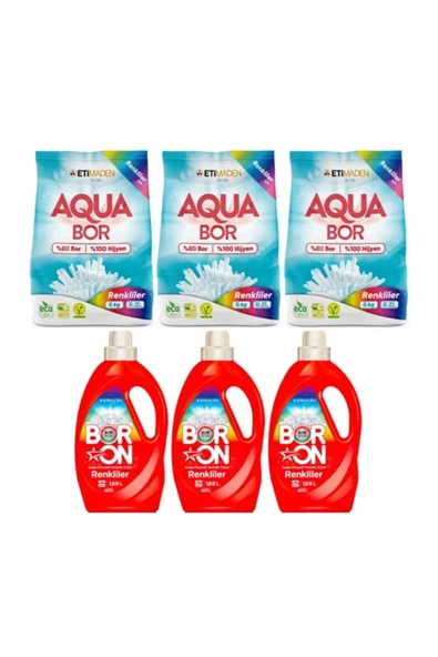 Aquabor DOĞAL MİNERALLİ ÇAMAŞIR DETERJANI TOZ RENKLİ VE BEYAZLAR İÇİN 120 YIKAMA+BORON SIVI DETERJAN 3 ADET ürün görseli 1