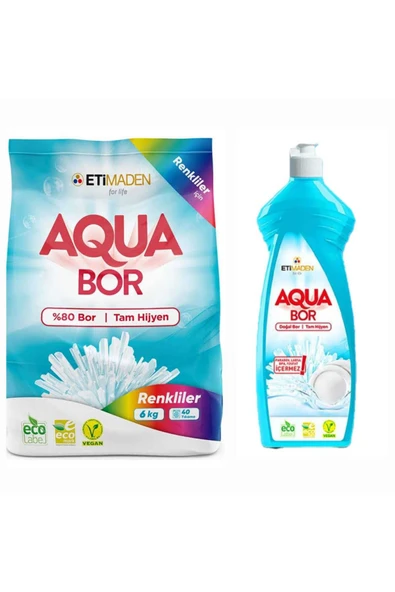 ETİ MADEN AQUABOR DOĞAL MİNERALLİ RENKLİLER İÇİN ÇAMAŞIR DETERJANI 6 KG + 1 ADET ELDE YIKAMA BULAŞIK DETERJAN. ürün görseli 1