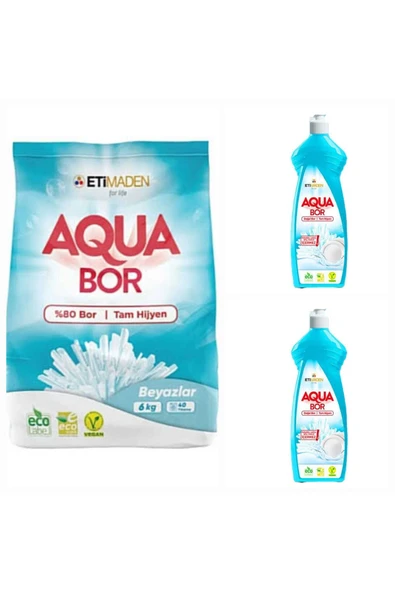 ETİ MADEN AQUABOR DOĞAL MİNERALLİ BEYAZLAR İÇİN ÇAMAŞIR DETERJANI 6 KG + 2 ADET ELDE YIKAMA BULAŞIK DETERJAN ürün görseli 1