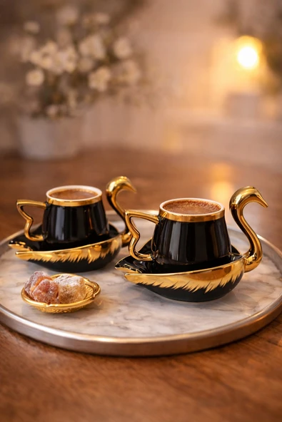 Girist 2 Kişilik Porselen Yaldızlı Kuğu Yaldızlı Kahve Fincan Takımı Siyah - Resim 2