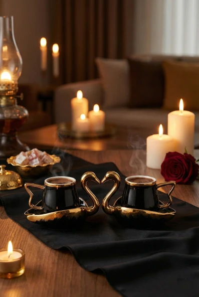 Girist 2 Kişilik Porselen Yaldızlı Kuğu Yaldızlı Kahve Fincan Takımı Siyah - Resim 3