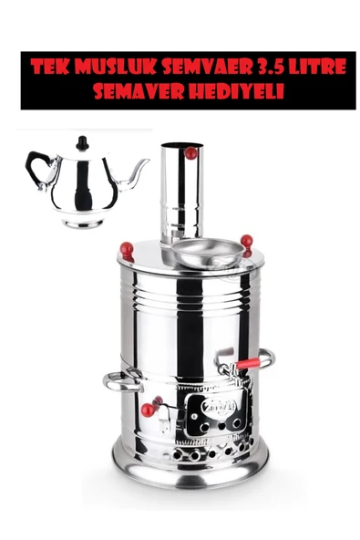 KÜÇÜKHOME Tek Musluklu Demlik Hediyeli Odunlu Kömürlü Çay Semaveri 3.5 Litre - Demlik 1 Litre ürün görseli 1