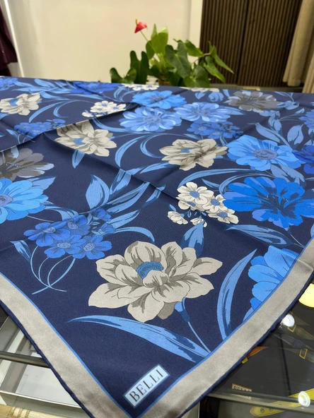 Belli Saf İpek Eşarp 4219D (T)-60 LACİVERT - Resim 4