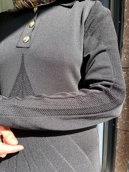 Nuss 1423 Polo Yaka Desenli Triko Elbise Siyah ürün görseli 1