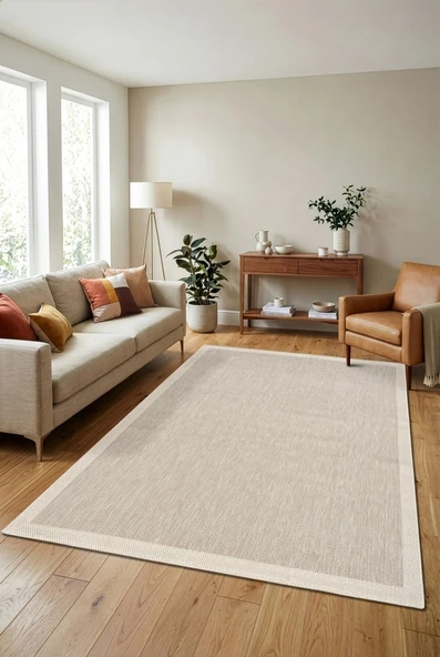 Çerçeveli Bohem Dokunuşlu Doğal Tonlarda Modern Sisal Bej - Krem Renk Halı ürün görseli 1