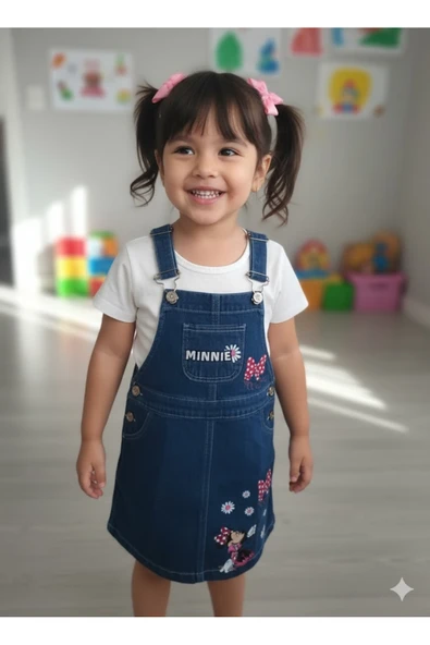 ruhaay Kız çocuk baskılı mevsimlik askılı kot elbise ürün görseli 1