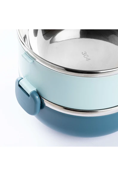 Tantitoni 024-01-TEDEMEI MAVİ PASLANMAZ ÇELİK YUVARLAK 2 KATLI ÇATAL VE KAŞIKLI YEMEK TAŞIMA KABI 850ML - Resim 2